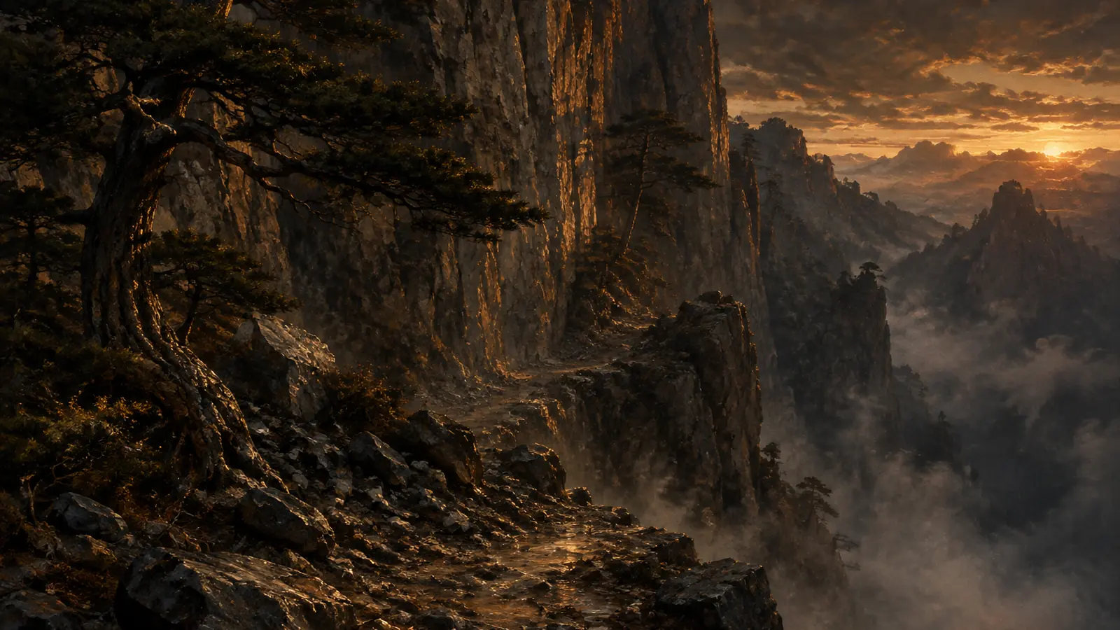 A path along a sheer cliff above a misty valley at dusk.