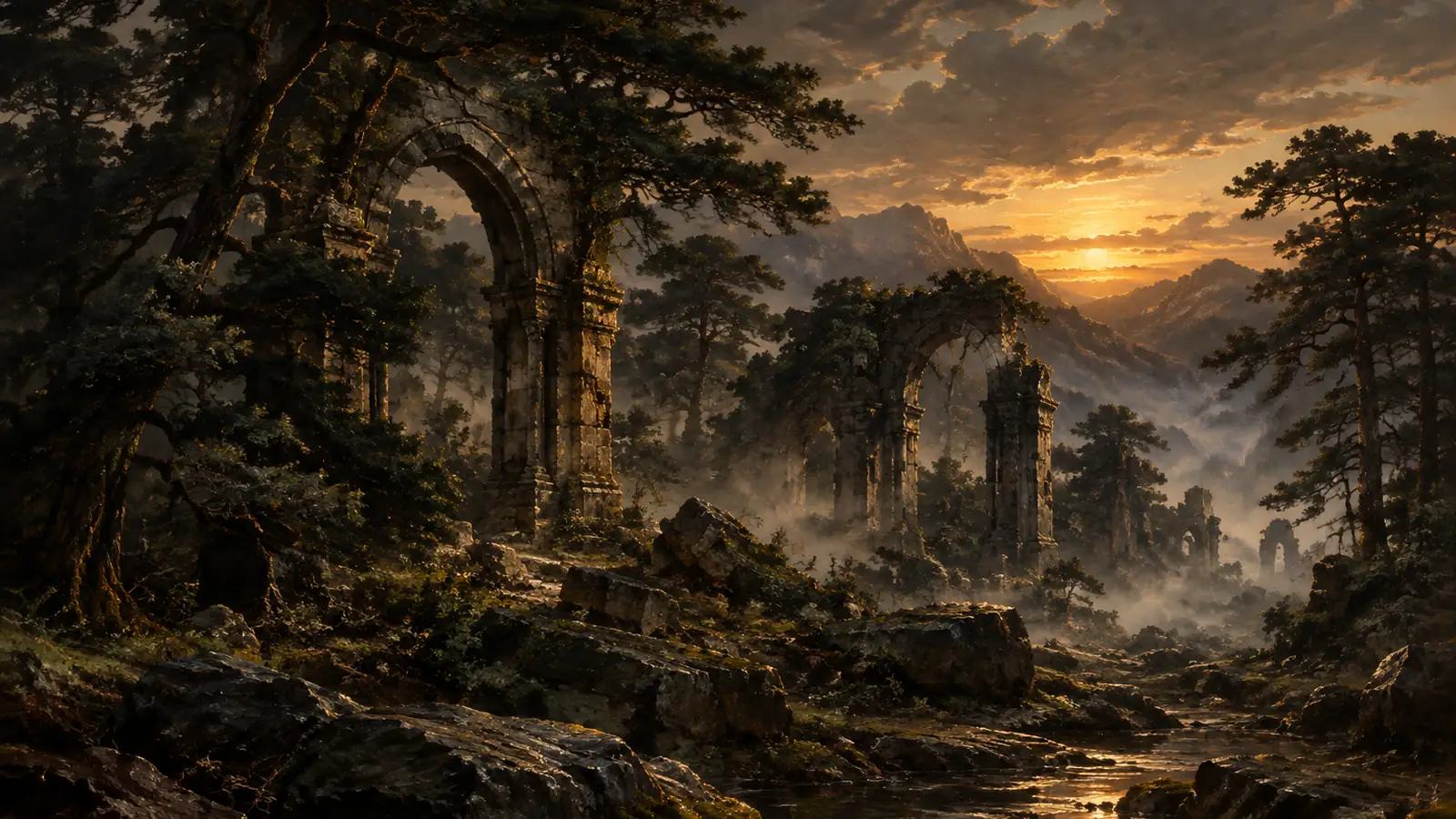 Broken stone arches in a pine valley at dusk.