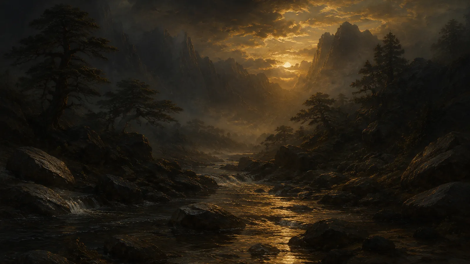 A cold stream through a dark pine valley at dusk.