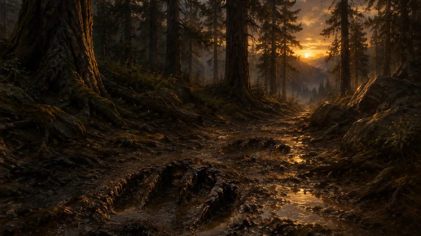 Ancient pines and large claw prints in wet mud at dusk.